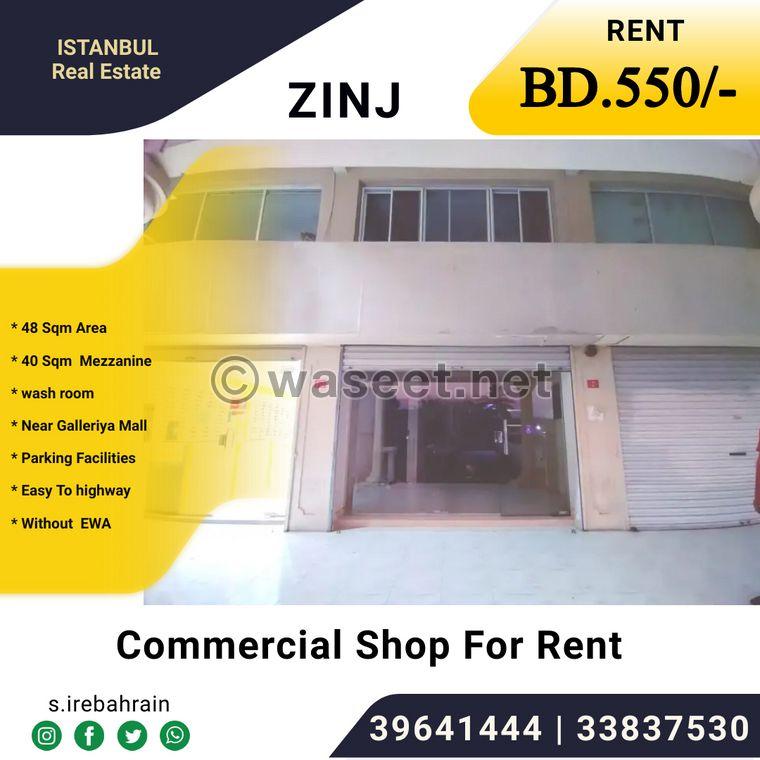 A 48 square meter commercial store with a mezzanine floor for rent in Zinj 0