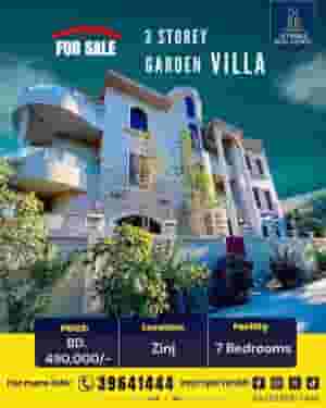 فيلا سكنية بحديقة من 3 طوابق للبيع في الزنج بالقرب من الطريق السريع BD.490,000/-