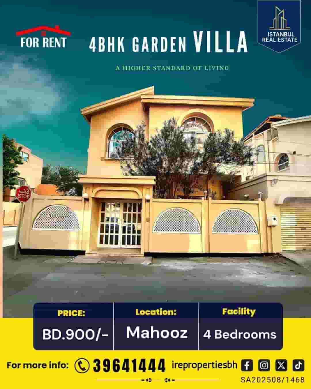 4 bedroom villa with garden for rent in Mahooz